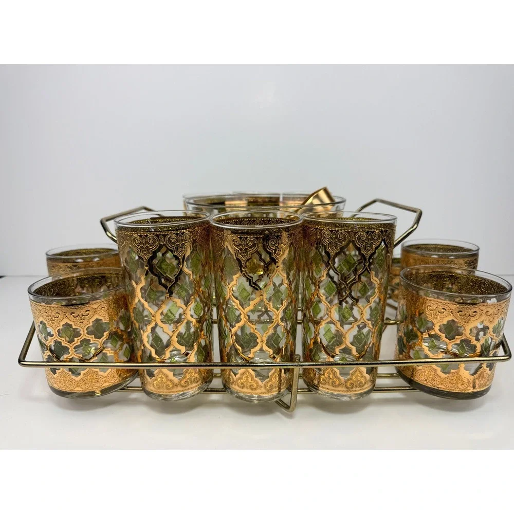 Rare Vintage Culver Valencia 22K Gold Barware Set 17-Piece Glasses Caddy MCM